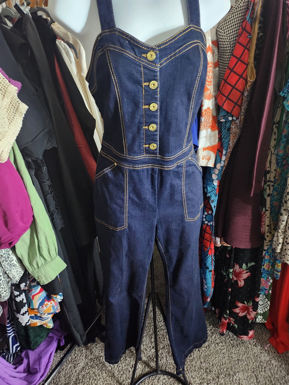 INC International Concepts Dark Blue Denim Button-Front Women's Overalls
